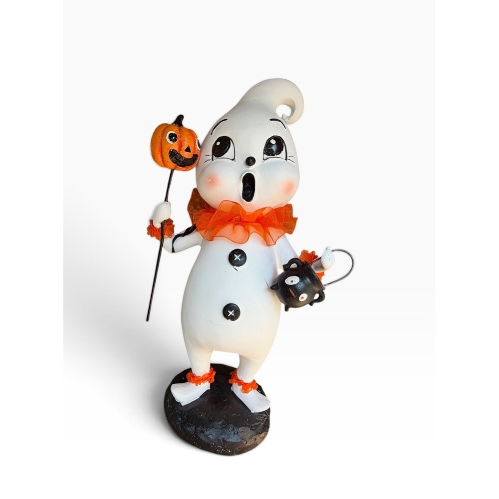 Ghoulish Halloween Ghost Figurine Vintage Style Clown Ruffle Pumpkin Bucket NEW